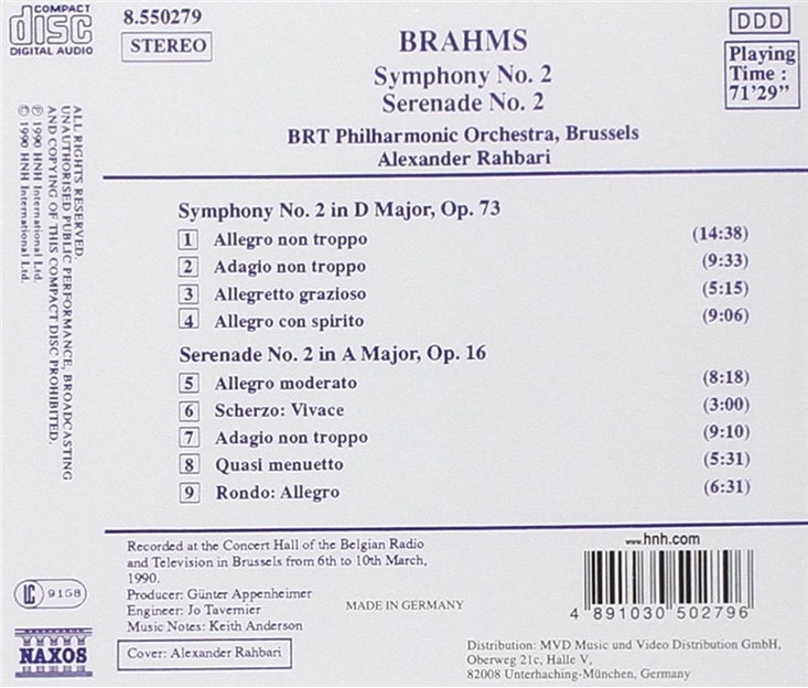 Alexander Rahbari 브람스: 교향곡 2번, 세레나데 2번 (Brahms: Symphony Op.73, Serenade  Op.16) - YES24