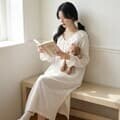 순면 레이스 여성 잠옷 롱 원피스 여자 홈웨어 공주 임산부 코튼 면 수면 파자마 [예쁜 프릴 긴팔 드레스 임부 임부복 홈 웨어]