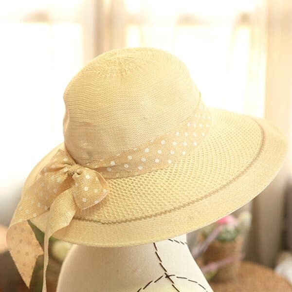 초로니 땡땡이리본 밀짚 자외선 햇빛차단 라탄 모자