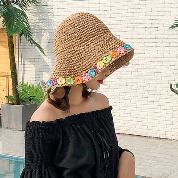 우제 여름 꽃무늬 포인트 밀짚 라탄모자