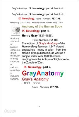 그레이아나토미 해부학의 제9권 4부 신경해부학,신경학. 텍스트책.Gray’s Anatomy . IX. Neurology. part 4. Text Book ,by Henry Gray