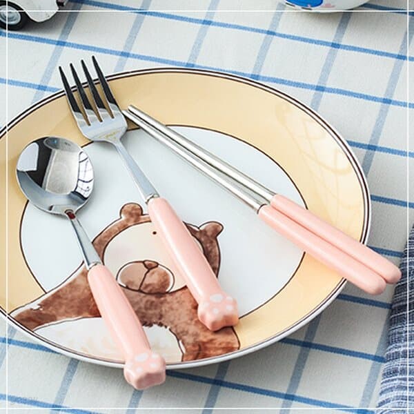 야옹이 휴대용 포크+수저세트(핑크) 캠핑 피크닉식기