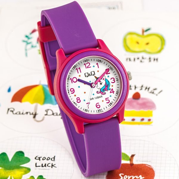 큐앤큐 퍼플 핑크 아날로그 캐주얼 유니콘 캐릭터 방수 학습 어린이시계 VS59J-003Y