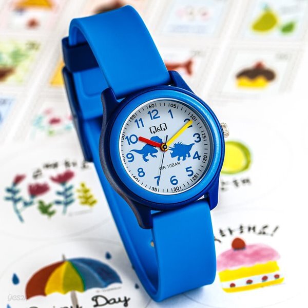 큐앤큐 블루 아날로그 캐주얼 공룡 캐릭터 방수 학습 어린이시계 VS59J-010Y