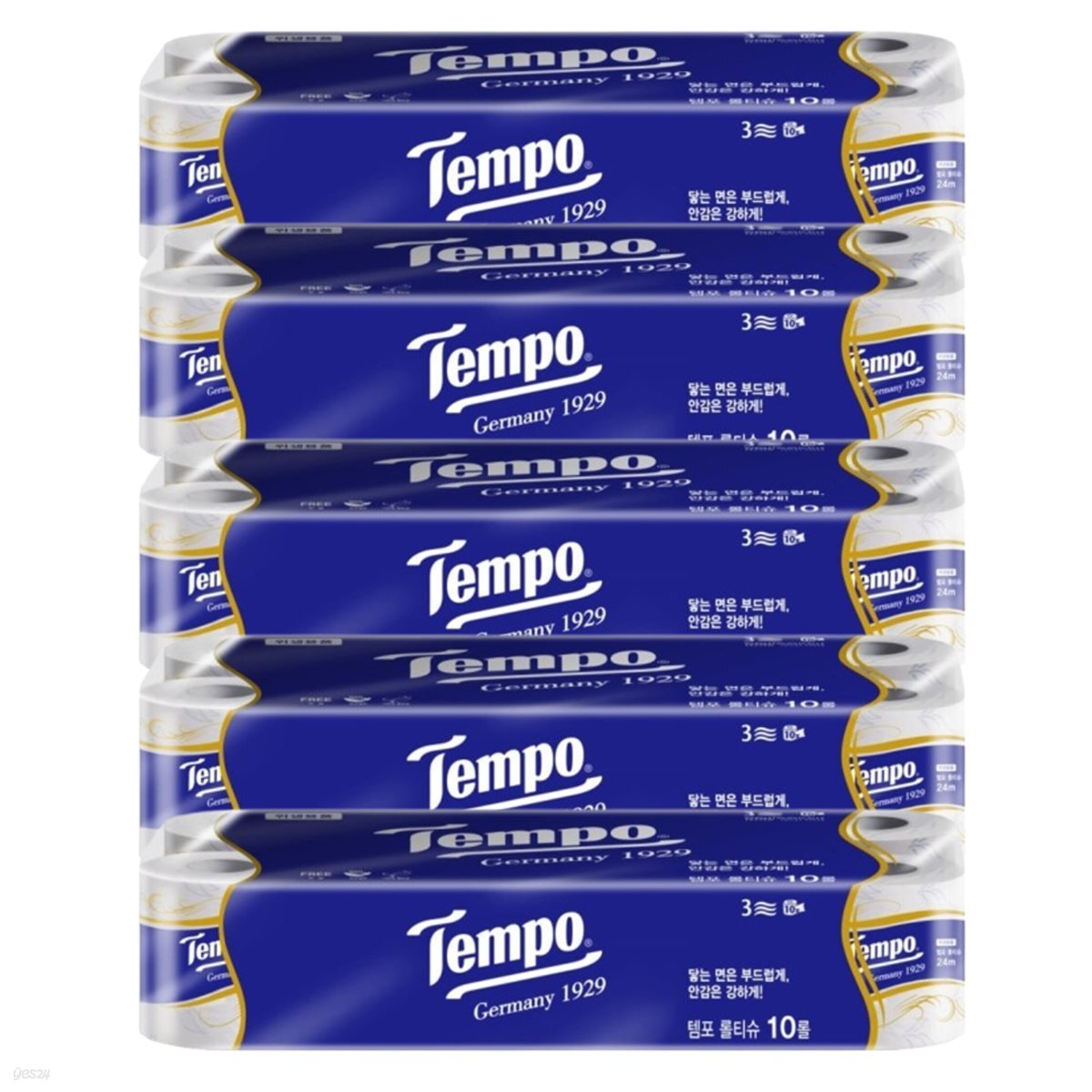 독일 템포(Tempo) 3겹 광폭 107mm 프리미엄 천연펄프 화장지 개별포장 10롤 5팩