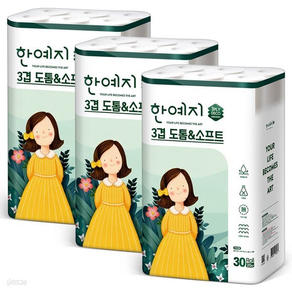 한예지 3겹 순수무형광 도톰앤소프트 30롤 × 3팩