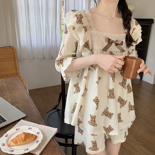 볼리스 테디베어 패턴 프릴 투피스 홈웨어 여름파자마