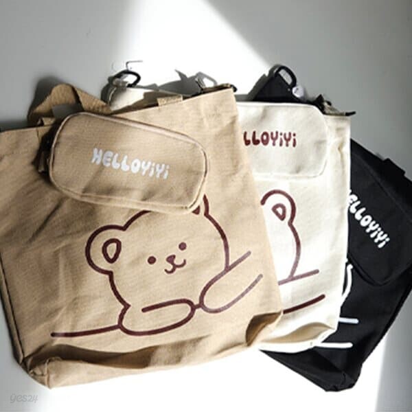 큐트 캔버스 베어 크로스 에코백 파우치 세트 3Colors