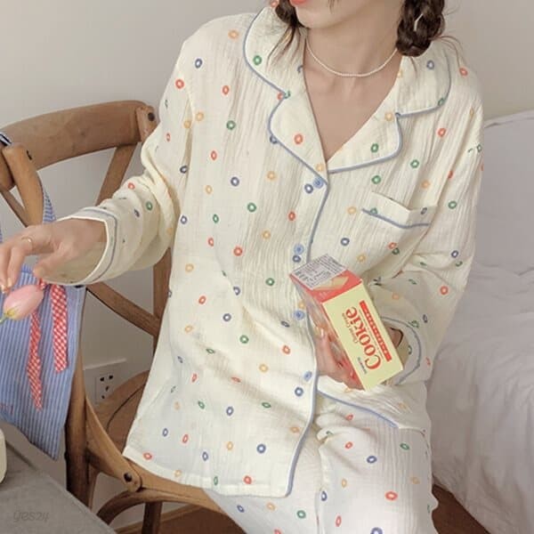 릴나스 귀여운 여성 컬러 풀카도트 홈웨어 긴팔 잠옷