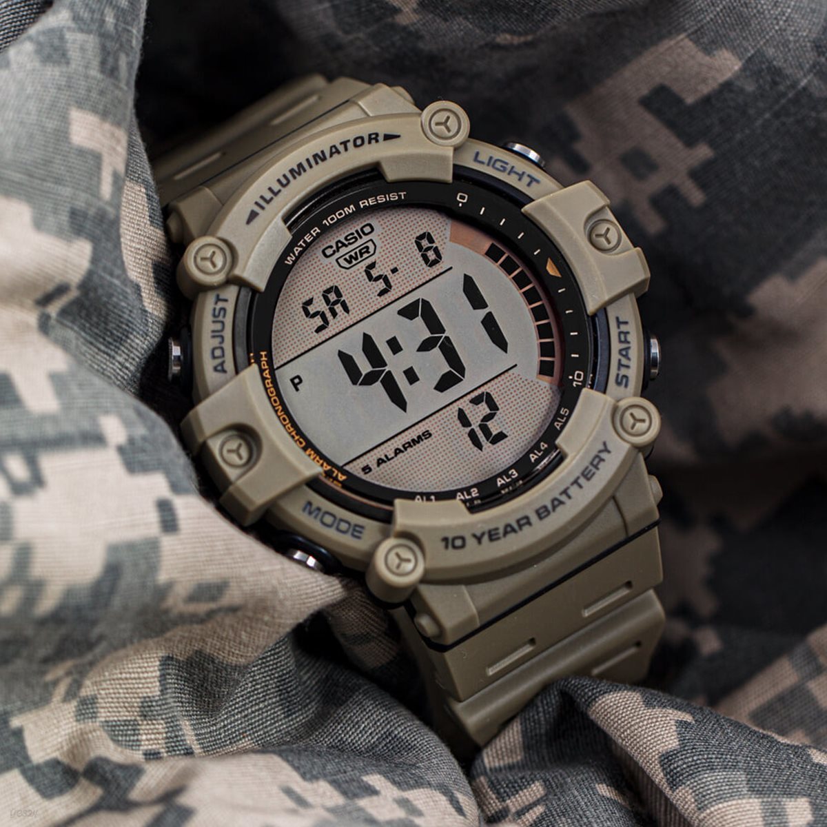 카시오 AE-1500WH-5A 디지털 카키 군인 스포츠 방수 남자 손목시계