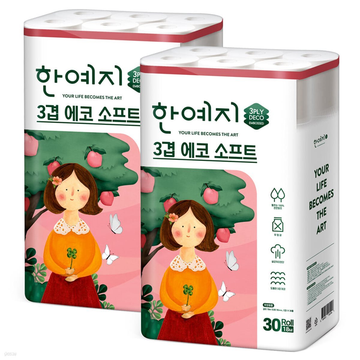 [10주년기획특가]한예지 에코소프트 3겹 천연펄프 화장지 30롤 × 2팩