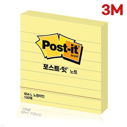 [알앤비]3M 포스트잇 노트 강한접착용 654-L 노랑라인