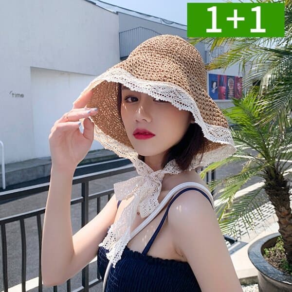 1+1 밀짚 여성 모자 여름 벙거지 레이스 버킷햇 라피아햇 바캉스 모자