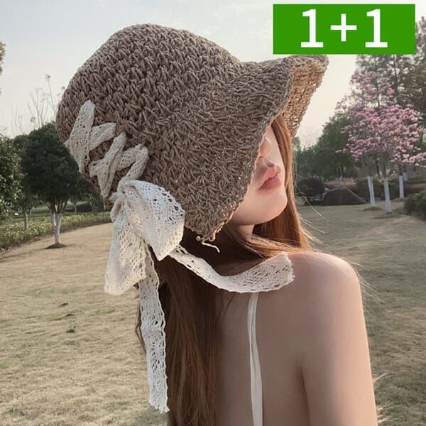 1+1 자외선차단 여성 모자 여름 벙거지 밀짚 버킷햇 바캉스 리본 썬캡 모자