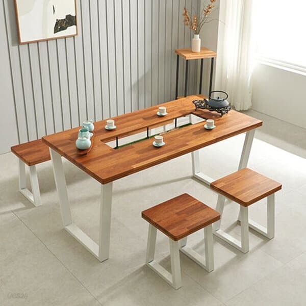 거실 주방 카페 원목 멀바우 식탁 테이블 스틸 프레임 하부 선반 1500