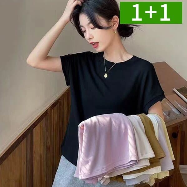 1+1 모달 여성 여름 반팔티 라운드 M~3XL 루즈핏 여자 빅사이즈 티셔츠