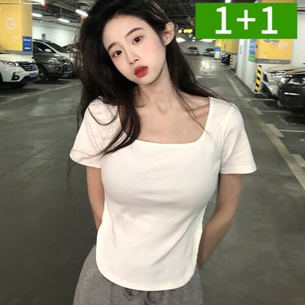 1+1 U넥 여성 여름 반팔티 크롭티 XL 무지 티셔츠