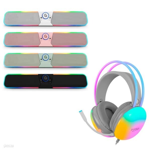 지클릭커 슈퍼히어로 G-SHOT GBS10 RGB 블루투스 화이트 사운드바 ＋ 오로라 RGB 게이밍 헤드셋 화이트 세트
