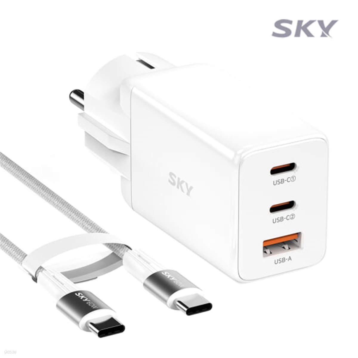 [케이블 세트] 스카이 필 접지 GaN 65W PD 멀티 3포트 초고속 충전기+60W CtoC 케이블 GE10