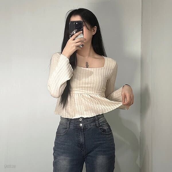 여성 스퀘어넥 프릴 블라우스 셔링 티 [3color 여리핏 나팔 소매 플레어 티셔츠 데이트 페미닌 캐주얼 룩 블랙 아이보리 브라운]