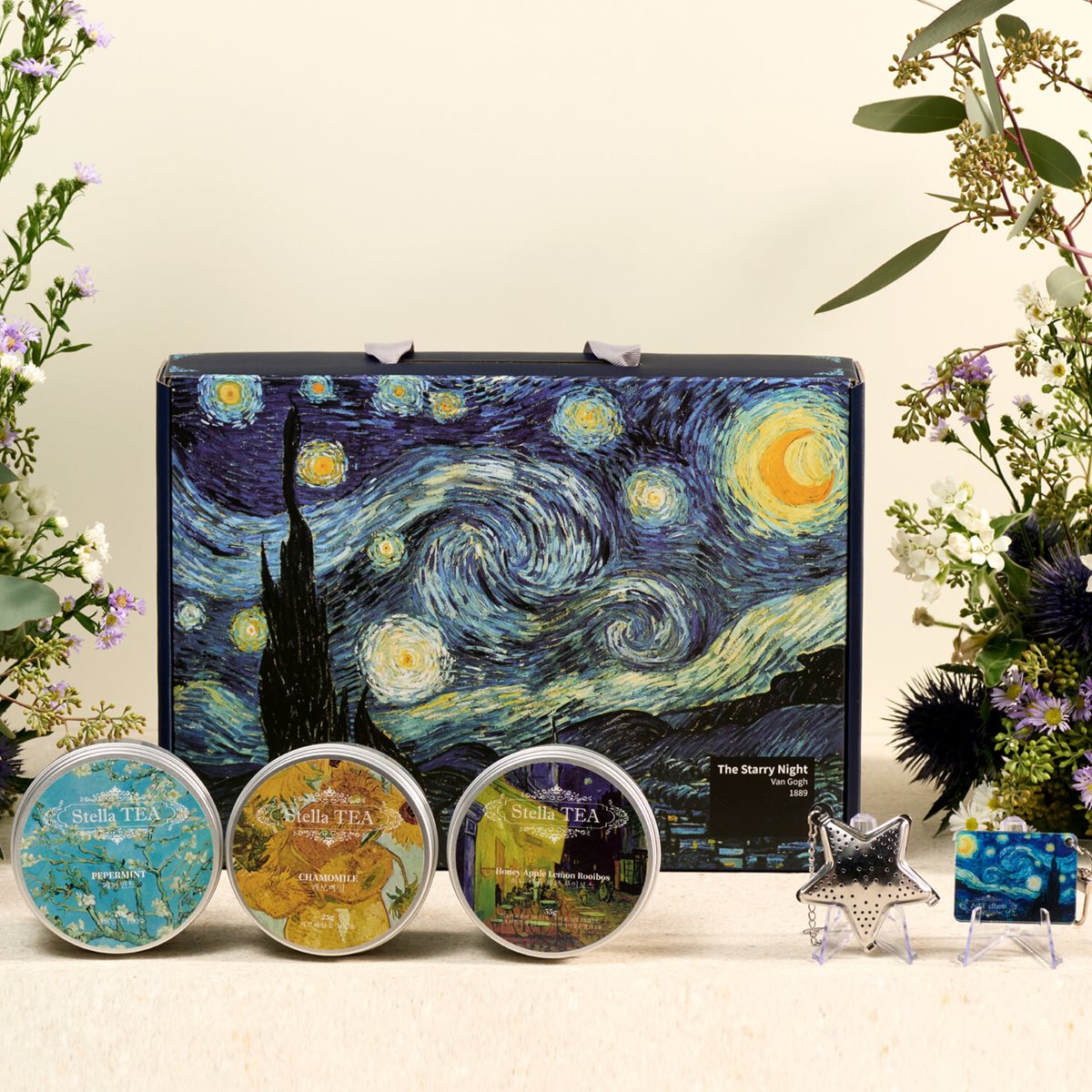 스텔라티 기분전환 허브차 선물세트 - 캐모마일,페퍼민트, 허니애플레몬루이보스, 인퓨저, 키링