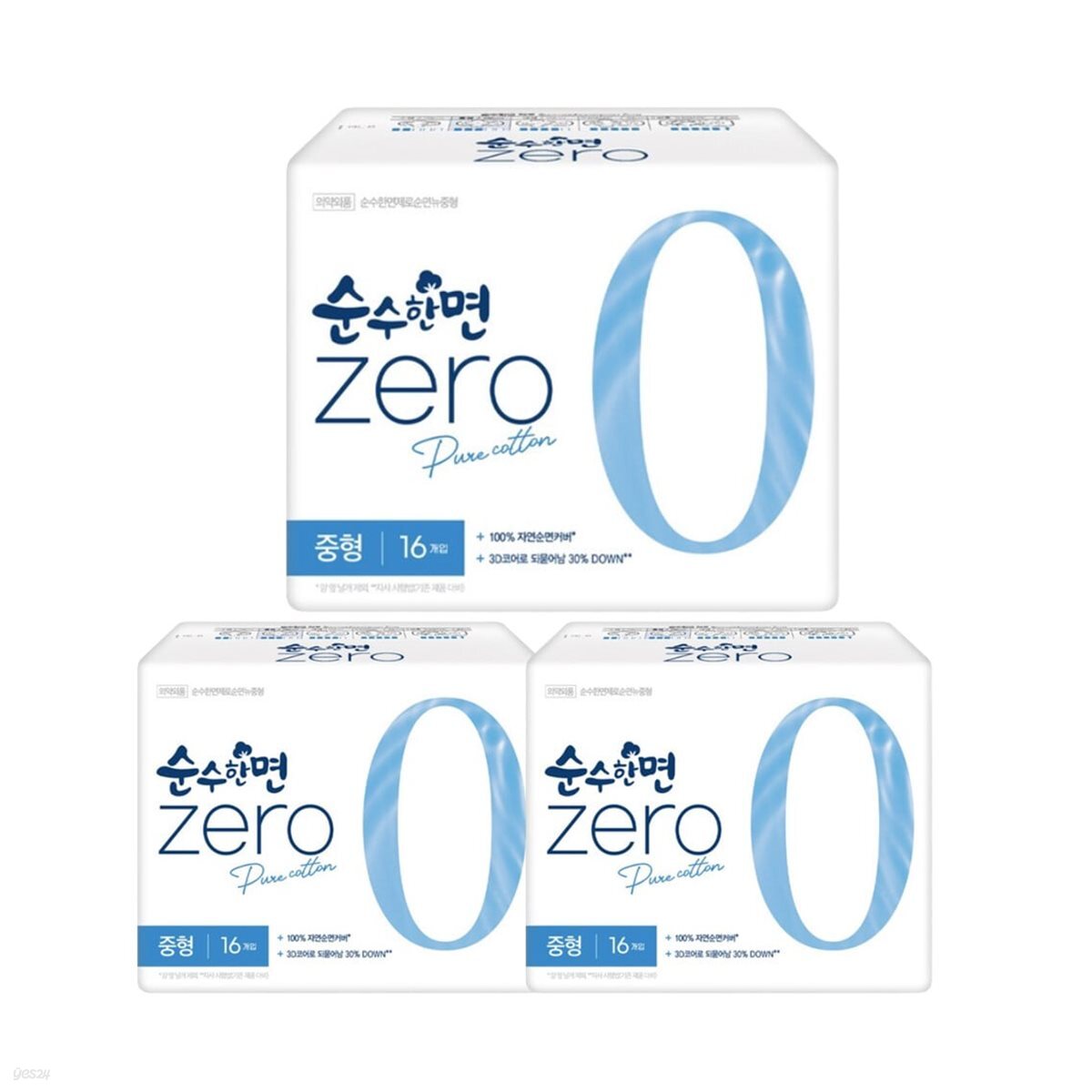 깨끗한나라 순수한면 제로 생리대 중형 16P x 3팩
