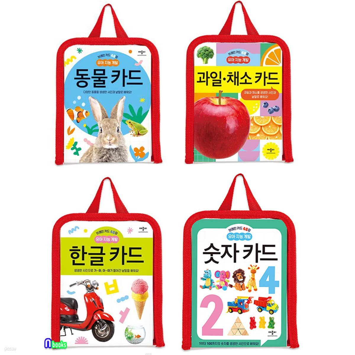 생생한 사진으로 보는 브레인 카드 48장 유아지능개발 4종 세트/과일채소카드.한글카드.숫자카드.동물카드
