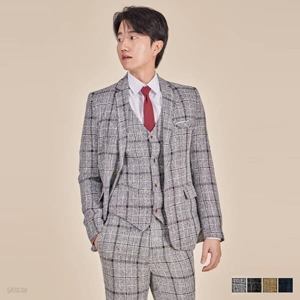 댄디 체크 남자 자켓 조끼 바지 정장세트(4color) 교