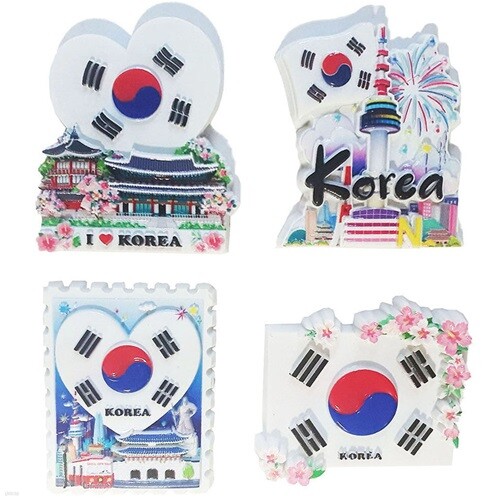 한국관광 태극기 3D 마블 냉장고자석(4개)/외국인선물/전통기념품 공예품 민예품/한국여행 바이어 국제학교 어학당 교환학생 유학생 홈스테이선물/Korean Souvenirs
