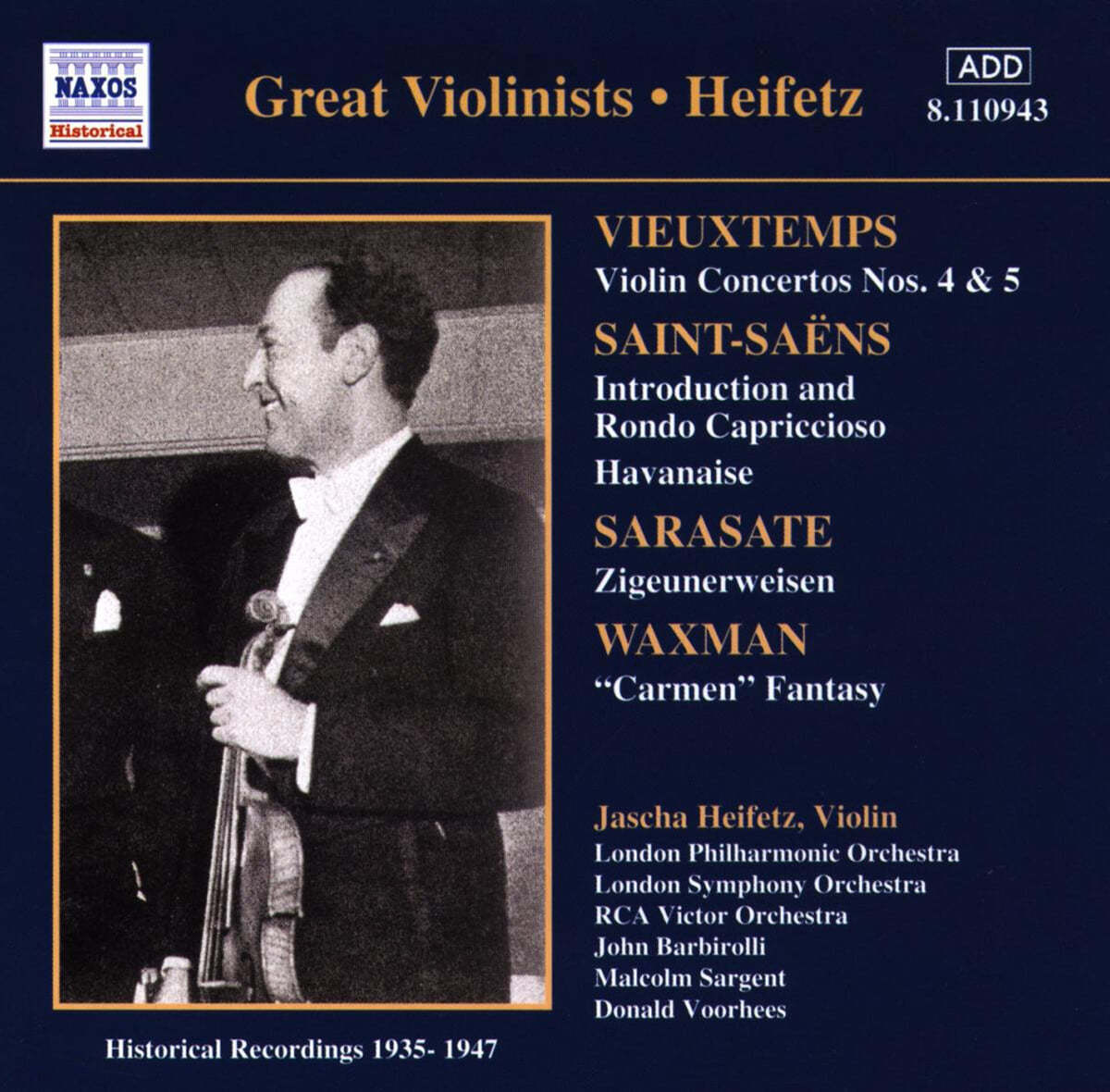 Jascha Heifetz 비외탕: 바이올린 협주곡 / 생상스: 서곡과 론도 카프리치오 외 (Great Violinists - Vieuxtemps / Saint-Saens / Sarasate)