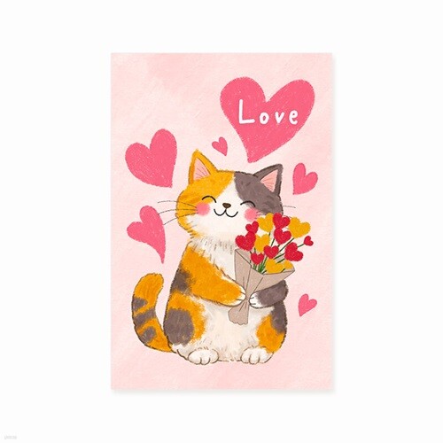 캘리그라피 사랑카드 JD2601 - LOVE(고양이와 꽃다발) 신상 감사 헌신