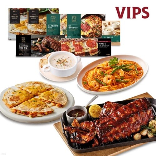 [VIPS] 프리미엄 홈파티 풀코스 6종 (오리지널바베큐폭립600g, 볼로네제파스타, 쉬림프로제파스타, 페퍼로니디트로이트피자*2, 퀘사디아*2, 양송이스프)