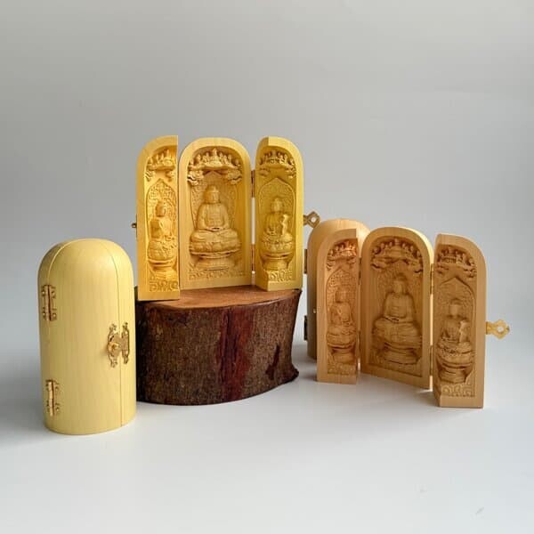 3면 목조 삼존불 부처님 불상 불교 상 [붓다 석가모니 관세음보살 굿즈 박람회 기념품 부처님오신날 석가탄신일 좌불 불감]