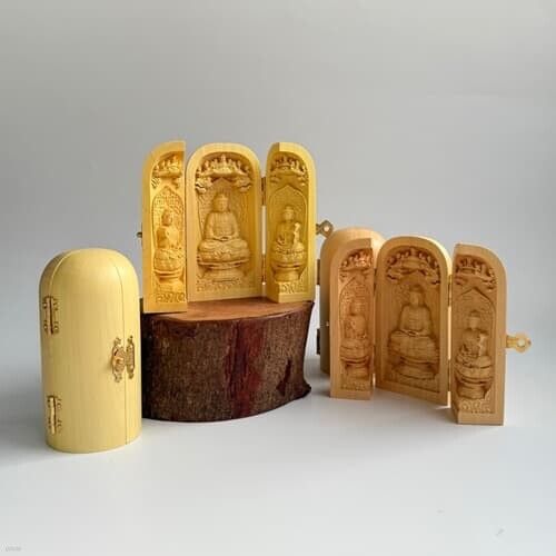 3면 목조 삼존불 부처님 불상 불교 상 [붓다 석가모니 관세음보살 굿즈 박람회 기념품 부처님오신날 석가탄신일 좌불 불감]