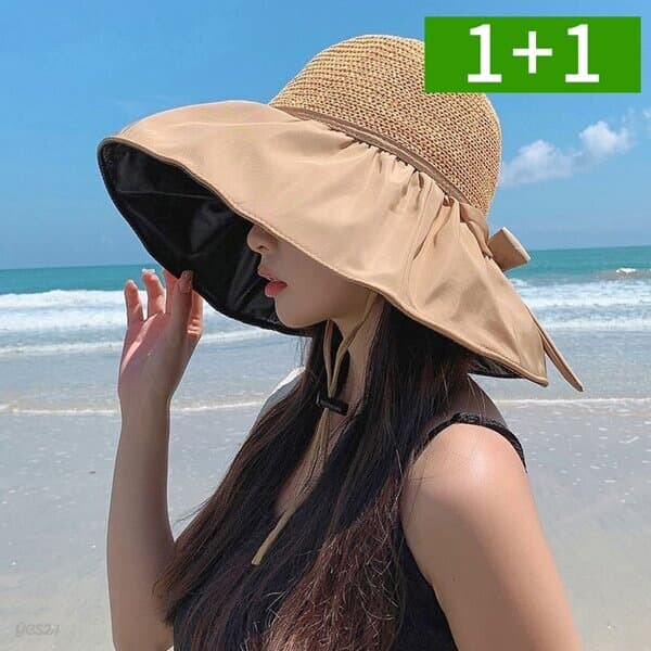 1+1 자외선차단 벙거지모자 여성 여름 버킷햇 밀짚 챙넓은 바캉수 해변 여행 썬캡 모자