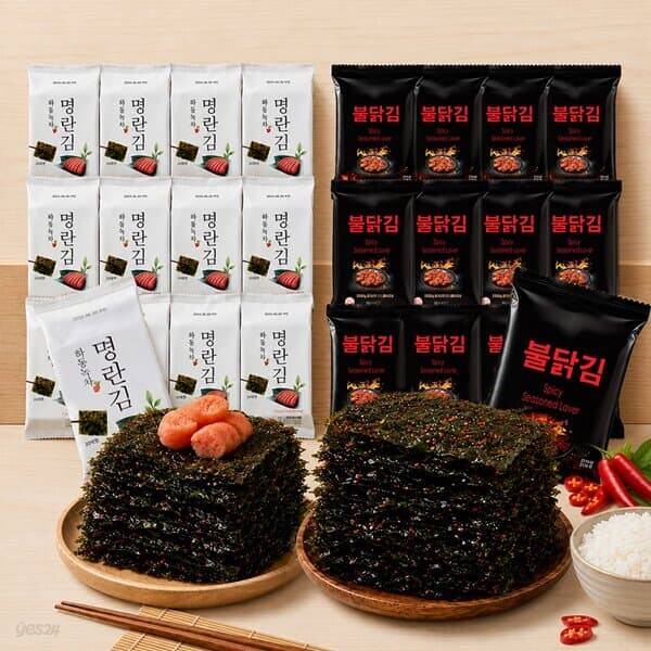 하동 녹차 명란김 12봉 + 매콤하게 맛있는 불닭김 식탁김 12봉(총 24봉)