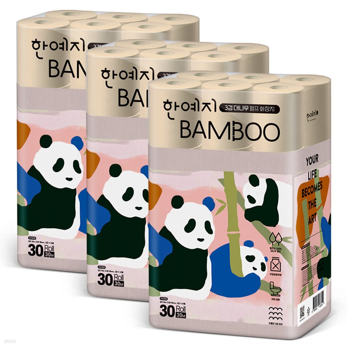 한예지 팬더캐릭터 Bamboo 대나무펄프 3겹 화장지 30m 30롤 3팩