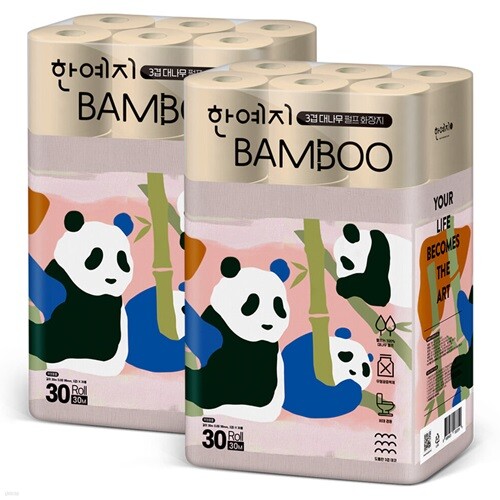 한예지 팬더캐릭터 Bamboo 대나무펄프 3겹 화장지 30m 30롤 2팩