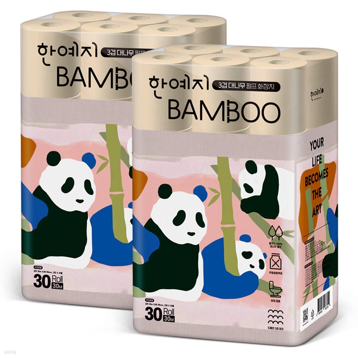 한예지 팬더캐릭터 Bamboo 대나무펄프 3겹 화장지 30m 30롤 2팩