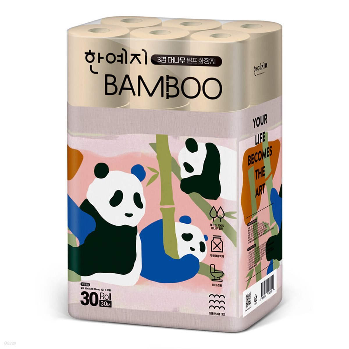 한예지 팬더캐릭터 Bamboo 대나무펄프 3겹 화장지 30m 30롤 1팩
