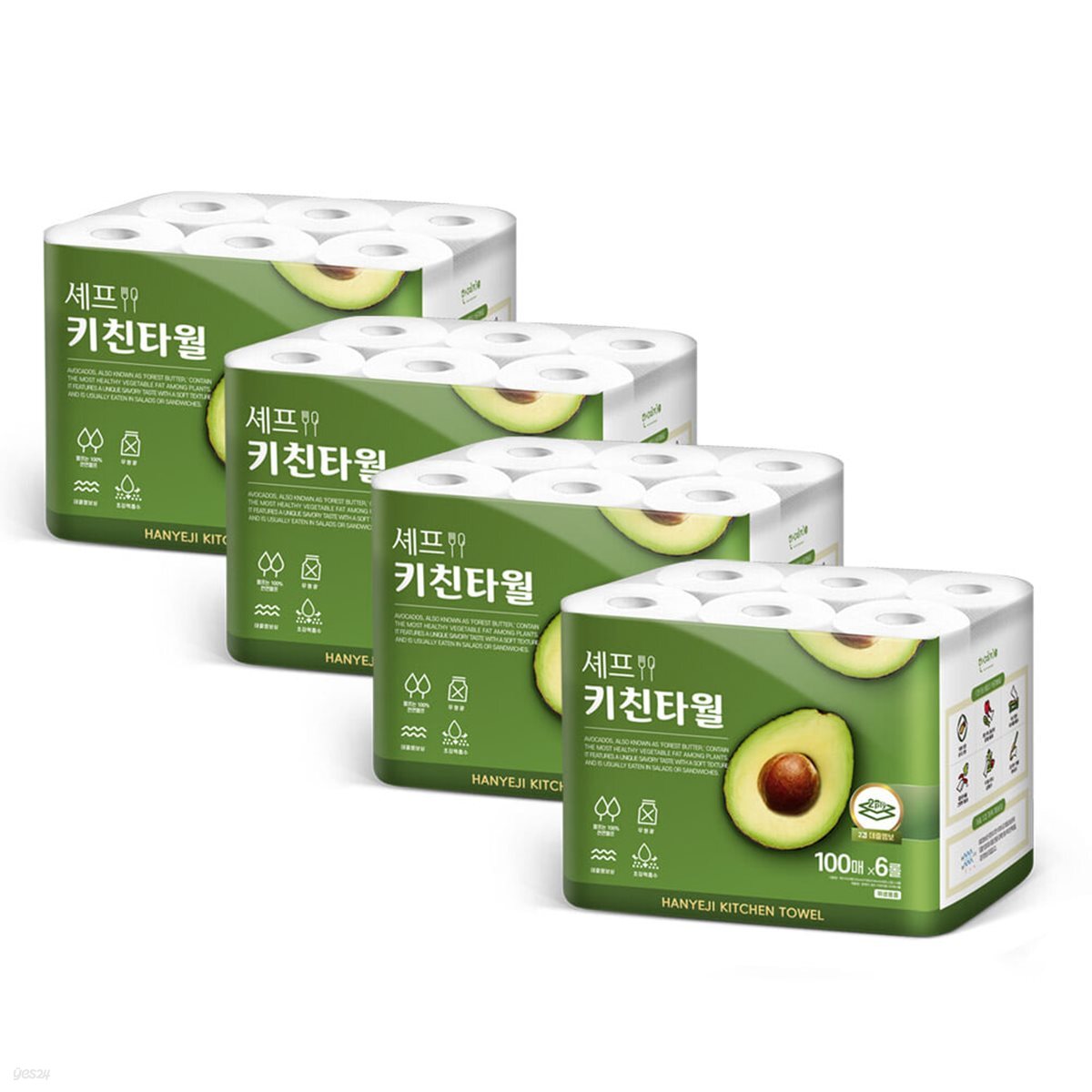 한예지 천연펼프 셰프키친타올 100매 6롤 4팩