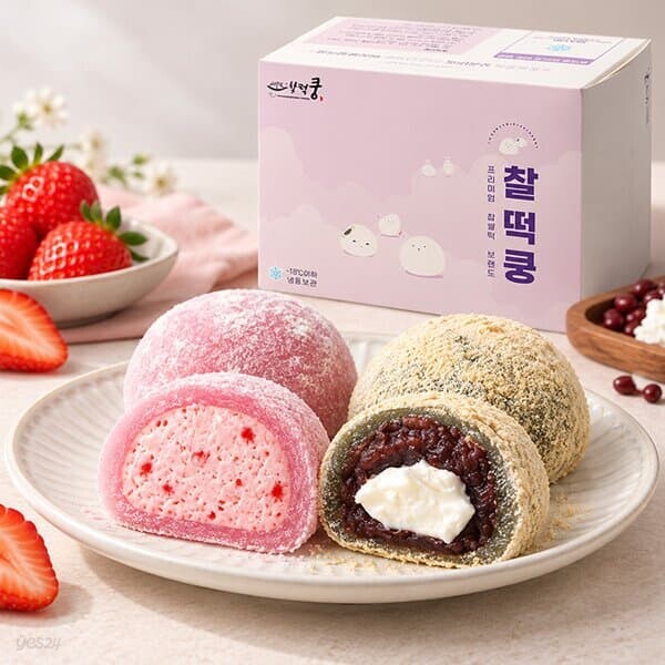 찰떡쿵 왕찹쌀떡 60g 4개입 240g / 치즈 팥 2개, 딸기크림 왕찹쌀떡 2개