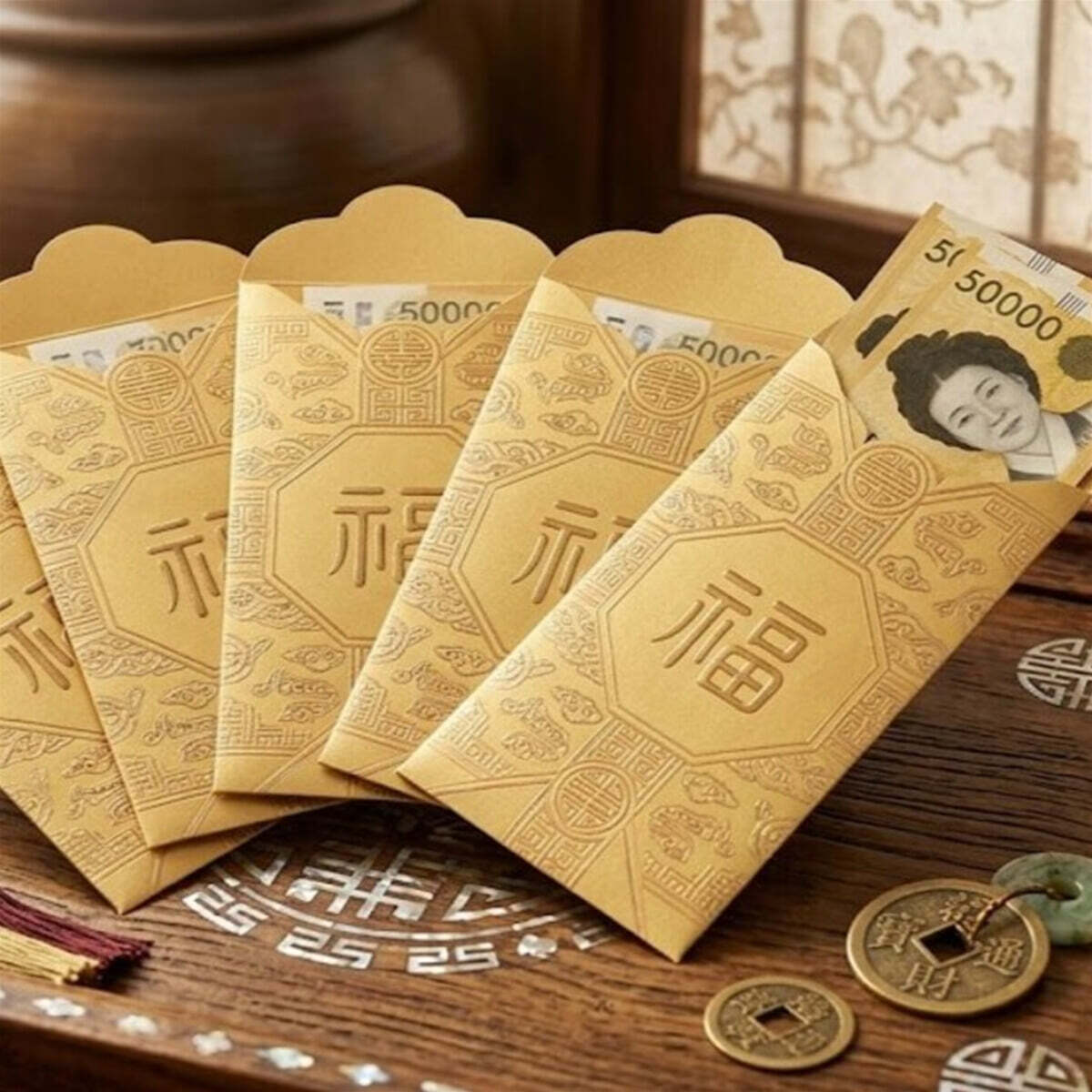 뚱땅뚱땅 복 황금봉투5매입 새해봉투 명절 새뱃돈봉투 용돈봉투 설 추석 새해 연말선물 황금봉투