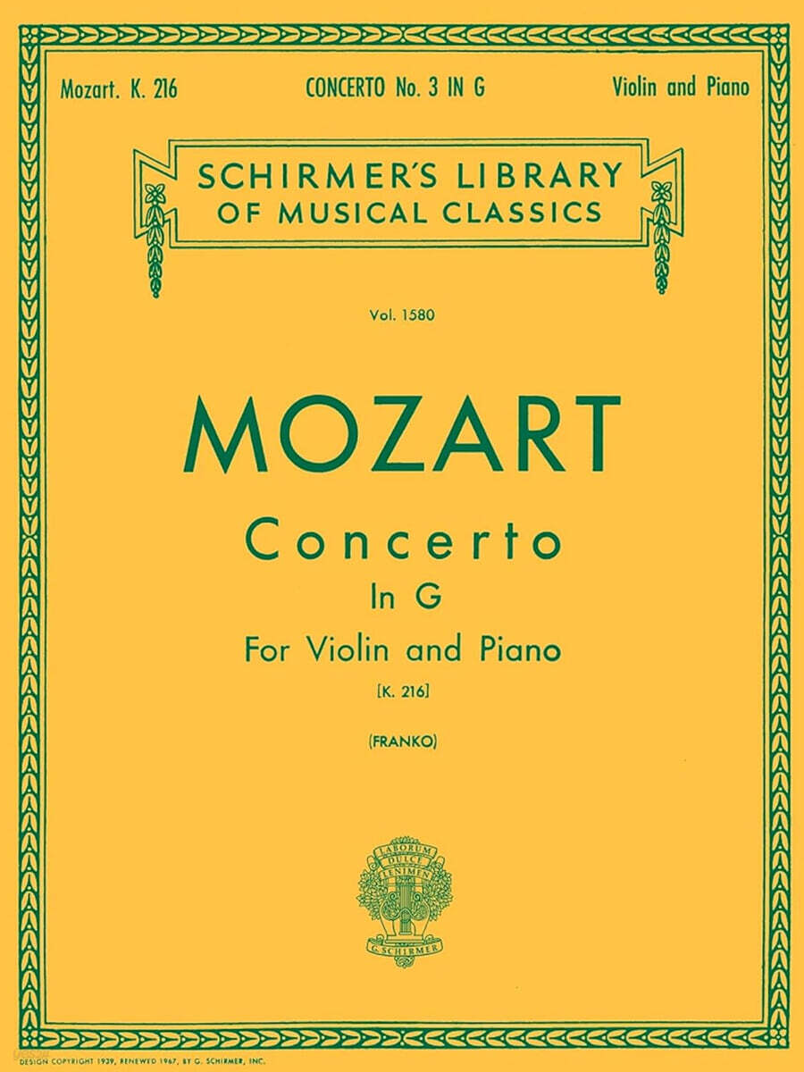 Mozart - Concerto No. 3 in G K.216 Violin and Piano Sheet Music Schirmer's Library of Musical Classics Vol. 1580 Classical Violin Solo with Piano Redu