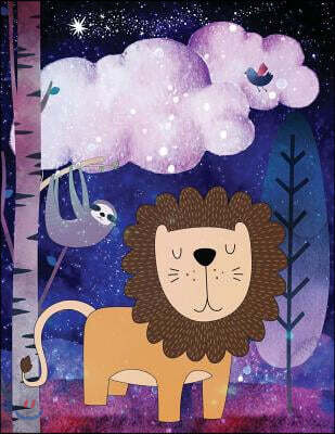Big Fat Journal Notebook For Animal Lovers Lion and Sloth in Starry Night: 300 Plus Lined and Numbered Pages With Index Pages In Large 8.5 by 11 Size,