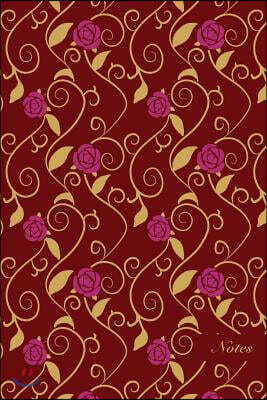 Notes: 6"x9" Blank Lined Page Notebook Golden Spiral Vine Leaf Rose Flower Seamless Pattern Cover. Matte Softcover Ruled Note