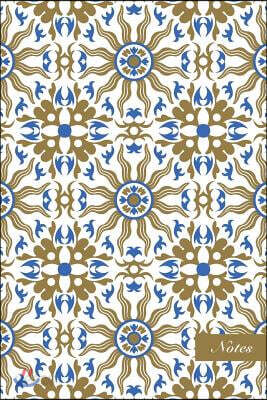 Notes: 6x9 Unruled Blank Notebook Golden Blue Spiral Round Cross Sun Geometry Kaleidoscope Seamless Pattern Cover. Matte Soft