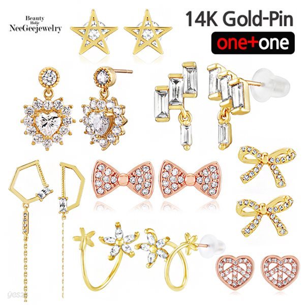 ONE+ONE 14K GOLD-PIN 큐빅 이어링 한정수량특가