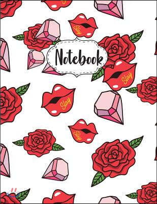 Notebook: Red Rose Lip Cover: Notebook Journal Diary, 2 inside patterns Notebook: Lined 60 pages and Blank No Lined 60 pages, To