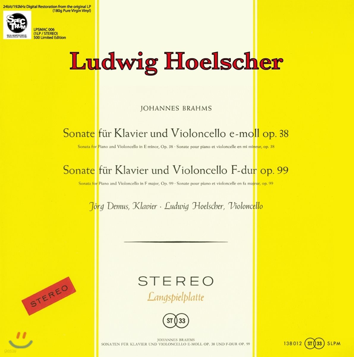 Ludwig Hoelscher / Jorg Demus 브람스: 첼로 소나타 - 루드비히 횔셔, 외르크 데무스 [LP]